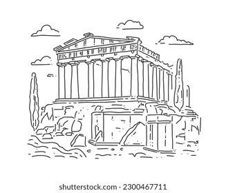 Acropolis in Athens. Greek Landmark. Vector illustration in doodle style, linear