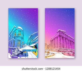 Acropolis of Athens. The Parthenon. Athens. Greece. Europe. Hand drawn sketch. Vector illustration.