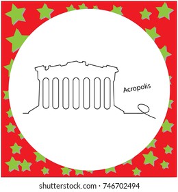 Acropolis of Athens vector illustration outline black line, isolated on circle white background with stars.
