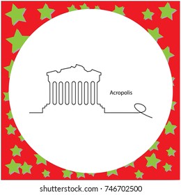 La Acrópolis de Atenas ilustra el contorno de la línea negra, aislada en el fondo blanco circular con estrellas.