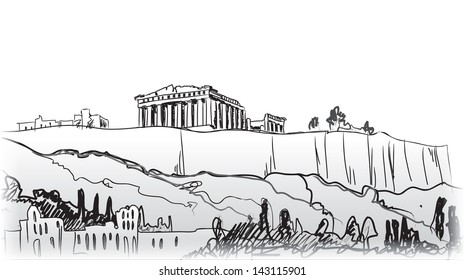 Acropolis Hill in Athens. Hand drawn landmark - ancient greece