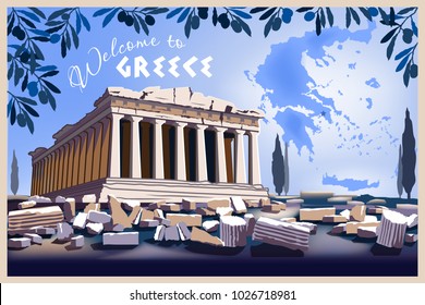 Acropolis Hill in Athens with map of Greece. Handmade drawing vector illustration. 