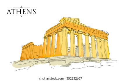 Acropolis Hill in Athens. Vector drawing, freehand vintage illustration