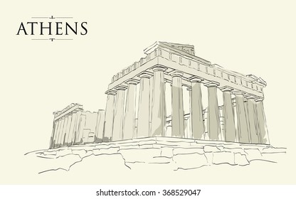 Acropolis Hill in Athens. Vector drawing, freehand vintage illustration