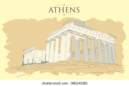 Acropolis Hill in Athens. Vector drawing, freehand vintage illustration