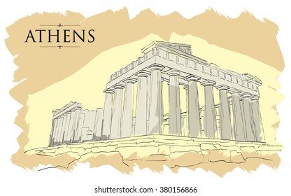 Acropolis Hill in Athens. Vector drawing, freehand vintage illustration