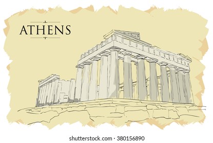 Acropolis Hill in Athens. Vector drawing, freehand vintage illustration