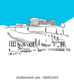 Acropolis Hill, Greece, Hand-drawn Vector Drawing, Blue Series