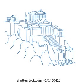 Acropolis And Parthenon Athens Greece. Stock Vector Sketch. Historical Illustration.