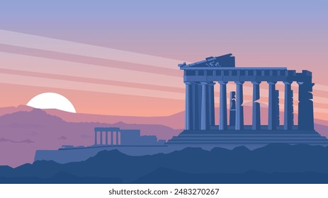 The Acropolis ruins stand tall, their clean lines capturing their grandeur. The minimalist style emphasizes the enduring legacy of the Acropolis, a captivating symbol of ancient Greece