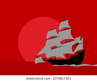 Al otro lado del océano. Viejo barco de vela. Silueta negra contra el cielo rojo. Imagen vectorial para impresiones, afiches e ilustraciones.