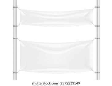 Across the street banners vector mockup. White blank outdoor vinyl billboard. Empty horizontal advertising streamer sign hanging on street poles mock-up. Template for design