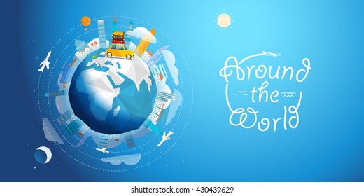 Across the world tour by car. Travel concept vector illustration