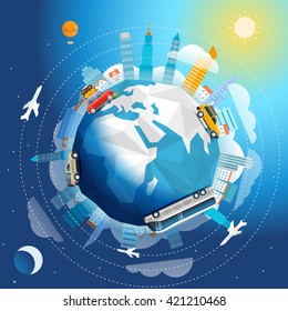 Across the world tour by different vehicle. Travel concept vector illustration