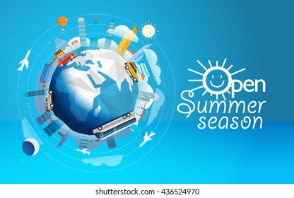 Recorrido por todo el mundo en diferentes vehículos. Ilustración vectorial del concepto de viajes. Temporada de verano abierta