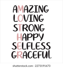 Acrostic poem on mother. Mother is amazing, loving, strong, cheerful, selfless, graceful woman. Happy mother's day day. Hand drawn vector lettering for congrats card, banner.