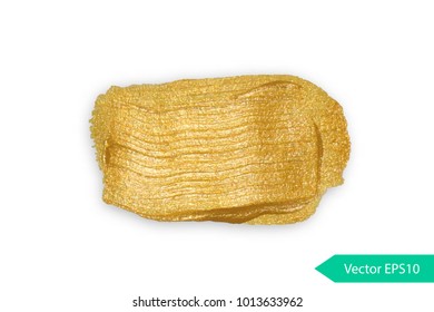 Acryl paint texture stain dub. Gold acrylic brush stroke. Abstract background design vector illustration. Isolated grunge shape golden oil splash. Color paintbrush banner.