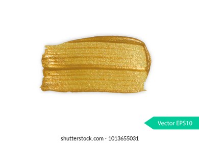 Acryl paint texture stain dub. Gold acrylic brush stroke. Abstract background design vector illustration. Isolated grunge shape golden oil splash. Color paintbrush banner.