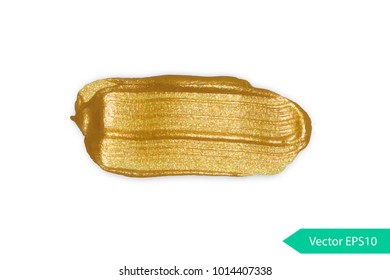 Acryl paint texture stain dub. Gold acrylic brush stroke. Abstract background design vector illustration. Isolated grunge shape golden oil splash. Color paintbrush banner.