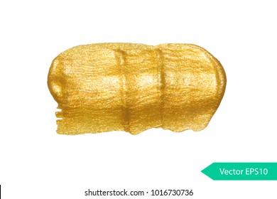 Acryl paint texture stain dub. Gold acrylic brush stroke. Abstract background design vector illustration. Isolated grunge shape golden oil splash. Color paintbrush banner.