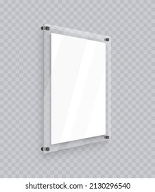 Acryl signage frame in perspective, Vertical poster place, realistic mockup isolated hanging on transparent wall. White glass display with nails for picture or photo, angle plexiglass plate.