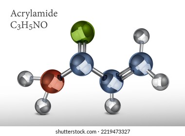 Acrilamida, ACR, molécula de amida acrílica.  Fórmula química estructural. Modo molécula. Ilustración vectorial editable aislada en un fondo blanco. Pancarta paisajista. Afiche médico, científico