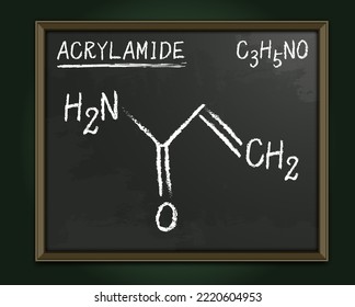 Acrylamide, ACR, acrylic amide molecule.  Structural chemical formula. Molecule mode. Editable vector illustration. Chalkboard background. Landscape banner. Medical, scientific poster