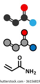 acrylamide molecule, polyacrylamide building block and heat-generated food pollutant. Stylized 2D renderings and conventional skeletal formula. 
