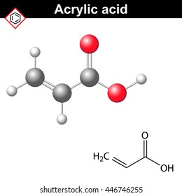 Acrylic acid molecule, 2d and 3d illustration of molecular structure, vector on white background, eps 8
