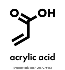 acrylic acid molecule, polyacrylic acid (PAA, carbomer) building block. PAA is used in the production of disposable diapers. Skeletal formula.