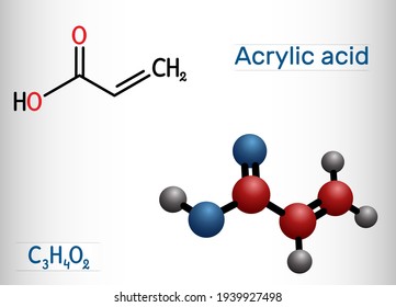 Acrylic acid, propenoic acid molecule. It is unsaturated monocarboxylic acid. Structural chemical formula and molecule model. Vector illustration