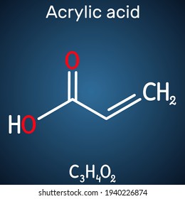 Acrylic acid, propenoic acid molecule. It is unsaturated monocarboxylic acid. Structural chemical formula on the dark blue background. Vector illustration