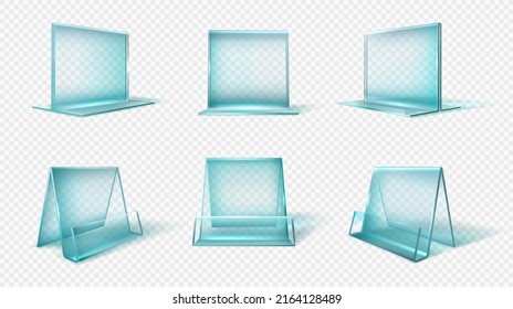 Acrylic Advertising Stand Holder Vector. Advertising Stand Holder For Paper. Transparent Plastic Stand. Clear plastic price tag isolated vector illustration