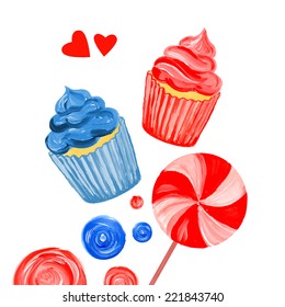 Acrylic  background with cupcakes. Vector romantic card. Red and blue. Sweets.