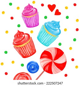 Acrylic background with cupcakes. Vector romantic floral card. Sweets. 