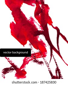 Acrylic background of red chaotic splashes on white, vector format. Colorful brush strokes.Decorative chaotic texture for scrapbooking pages, banner, cards. Handmade elements.
