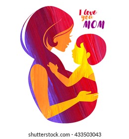 Acrylic beautiful mother silhouette with baby sling. Vector illustration
