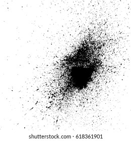 Acrylic black explosion paint splatter. Small drops, spots isolated on white background. Spray stains abstract background, art vector illustration.  Grainy abstract holiday illustration