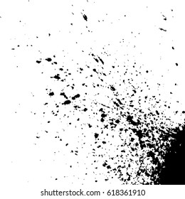 Acrylic black explosion paint splatter. Small drops, spots isolated on white background. Spray stains abstract background, art vector illustration.  Grainy abstract holiday illustration