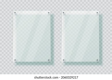 Acrylic board mockup, two vertical glass plate for poster of photo, realistic mockup isolated hanging on transparent wall. White blank banner frame,  plexiglass display, 3d vector illustration.