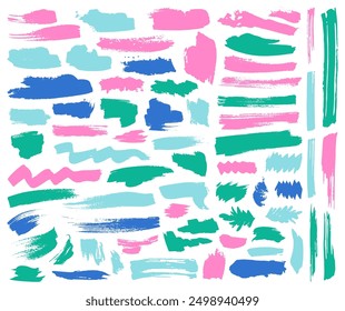Acrylic brush stroke dirty graphic elements vector collection. Paintbrush black splashes isolated on white. Drawing shapes. Scratch design, distress messy stickers. Strokes, drawn back stamps.