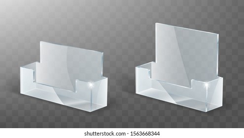 Acrylic Card Holder, Glass Or Plastic Display Stand Or Desk Rack For Business Cards, Realistic Vector Illustration. Set Of Transparent Table Holder Office Organizer Isolated On Transparent Background.