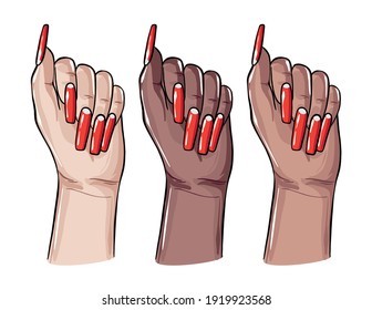 Acrylic Coffin Nails,  Fake False Gel Manicure Art. Nail Care Art, Beauty And Spa Center Procedure. Vector Racial Divercity Women Hands, Nail Polish Sign Advertising 