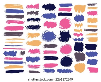 Envase mega de brushkes de suciedad acrílica. Elementos decorativos aislados de manchas de tinta. Blob stain etiqueta web silhouette paquete. Dibujo de manchas de tinta de pincel.