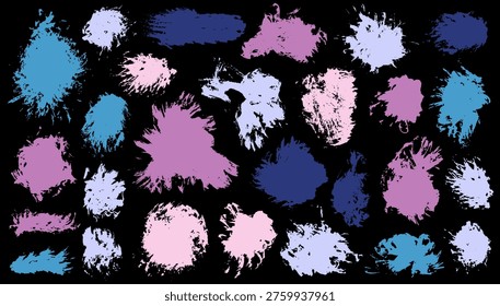 Acrylic dust brush stroke vector set. Hand drawn smudge blotch colorful elements. Dab spot textured sticker silhouette pack. Brush stroke acrylic blots design.