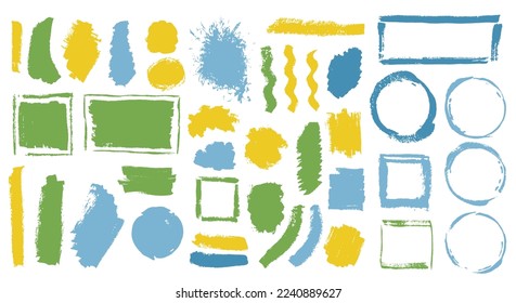 Acrylic dye brushstroke vector set. Hand drawn border box old shapes. Speck stain sale label background bundle. Daub gouache splashes drawing.
