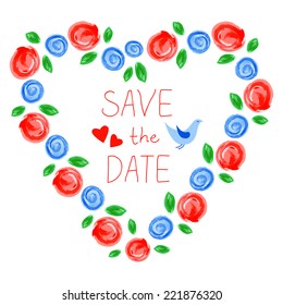 Acrylic floral background.  Heart. Vector romantic frame. Red and blue. Save the date.