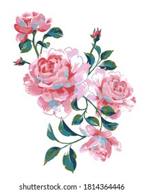 Acrylic floral painting. Bouquet of summer large roses isolated on white. Hand drawn beautiful botanical artwork for poster, card, banner or print.