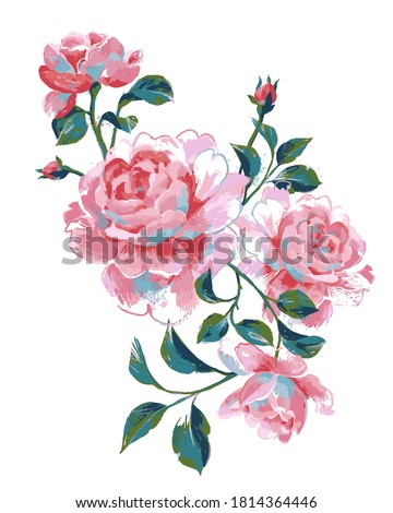 Acrylic floral painting. Bouquet of summer large roses isolated on white. Hand drawn beautiful botanical artwork for poster, card, banner or print.