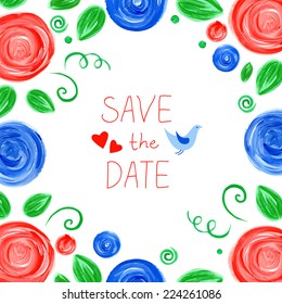 Acrylic floral vector romantic background. Frames. Red and blue. Save the date. Place for text.